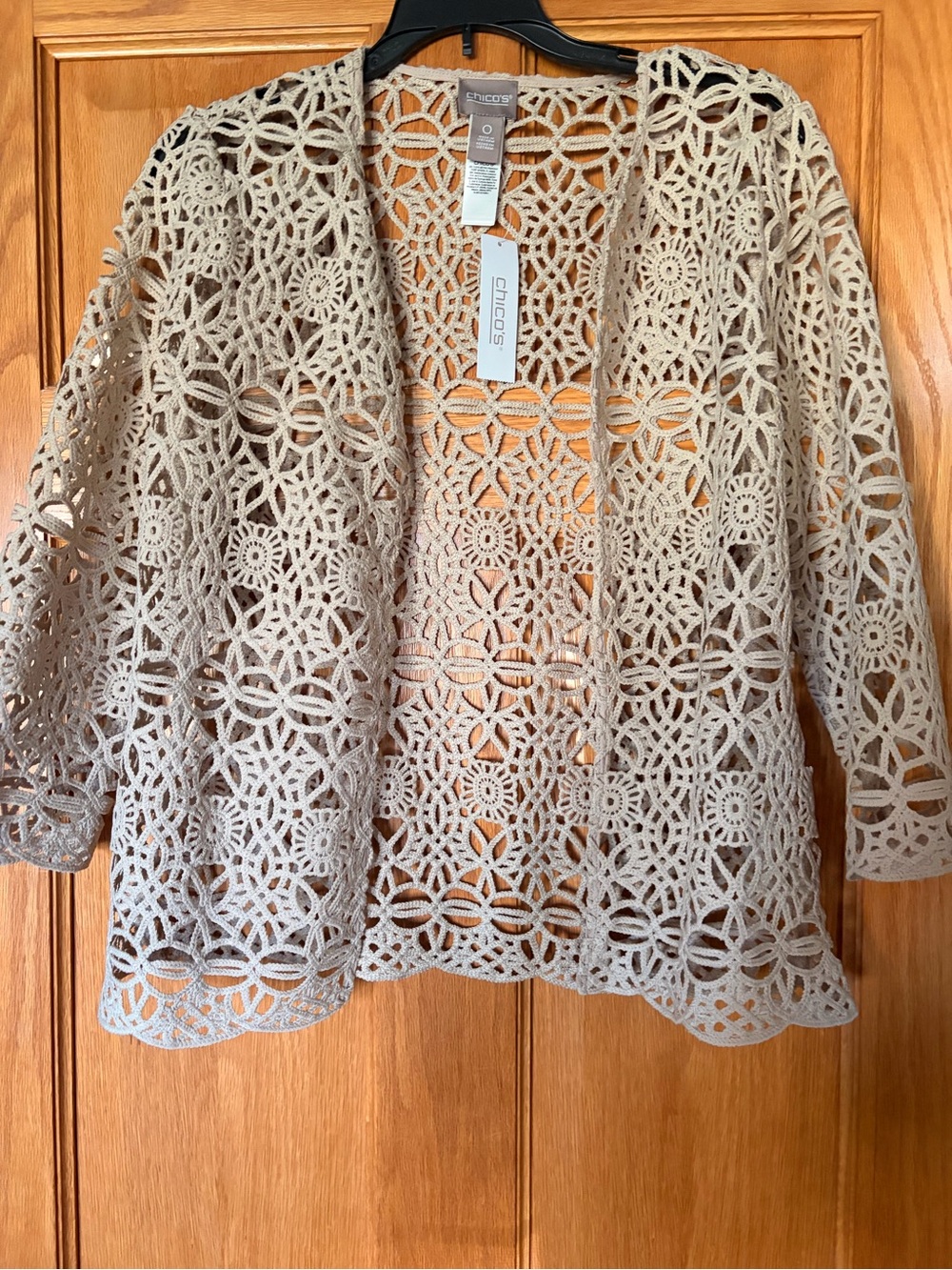 Chico's Openwork Crochet Cardigan in Taupe-Beige